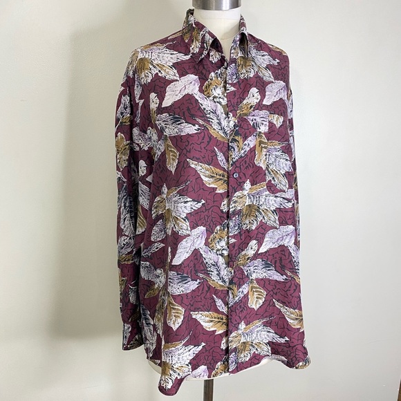 100% SILK FALL LEAVES SOFT BUTTON UP LONG SLEEVE BLOUSE SIZE LARGE UNISEX - Picture 4 of 14